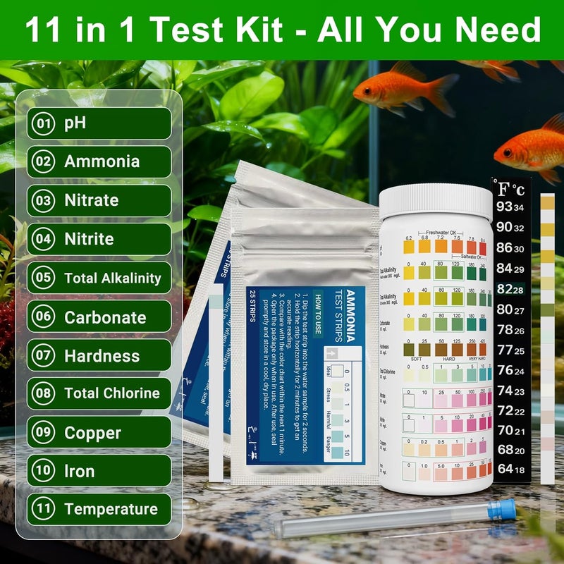 AKSBTEC Aquarium Test Kit, Aquarium Test, Accuracy & Fast Test pH, high Range pH, Ammonia, Nitrite, Nitrate, Hardness Temperature for Freshwater and Saltwater (AQ7IN1V2) (11 in 1 Aquarium Test Kit) - Image 2